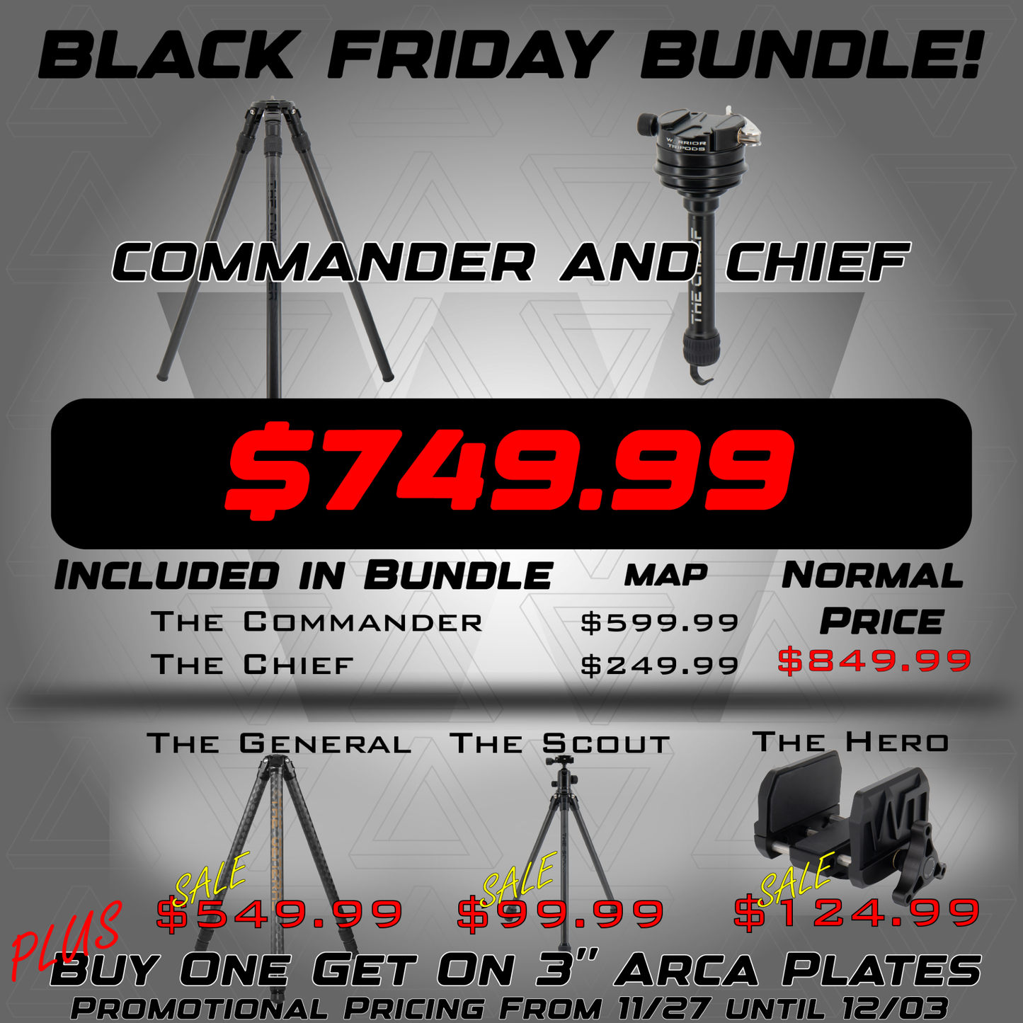 Warrior Tripods :: Commander Tripod + Chief Leveling Head (Black Friday Sale)